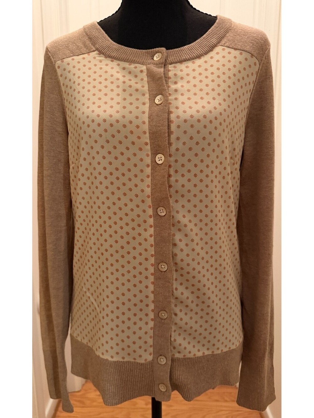 Eddie Bauer Women S Cardigan Sweater Tan Dainty Polka Dot Button Front Knit Crew